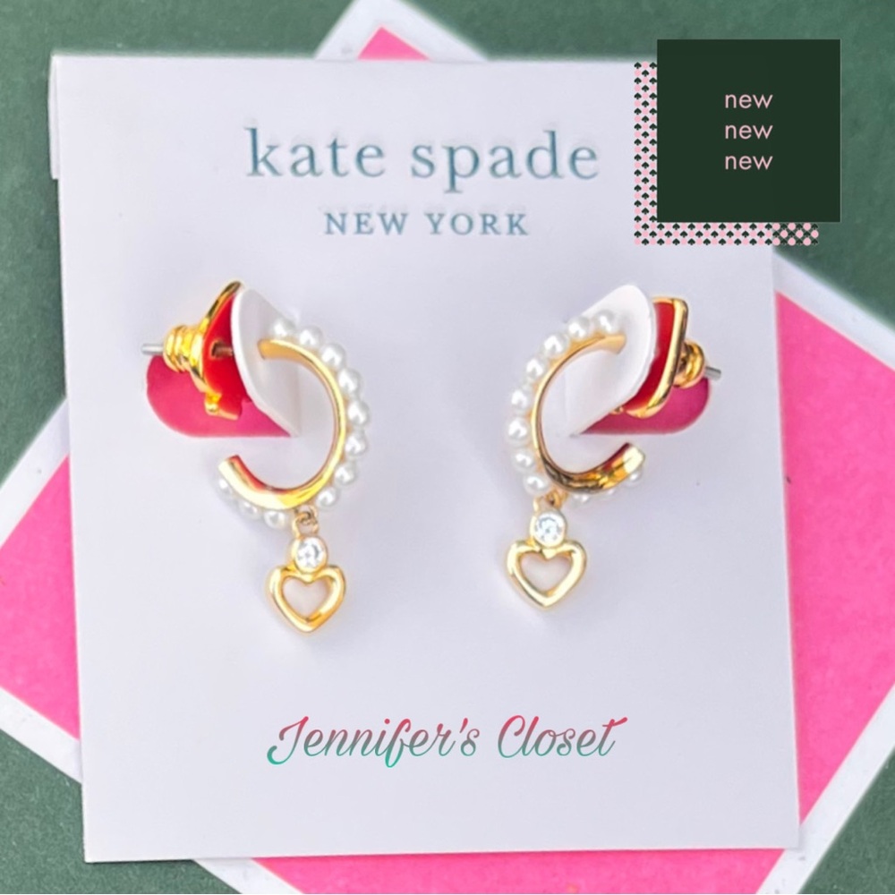 Kate Spade Pearl & Stone Heart Drop Huggie Earrings NWT